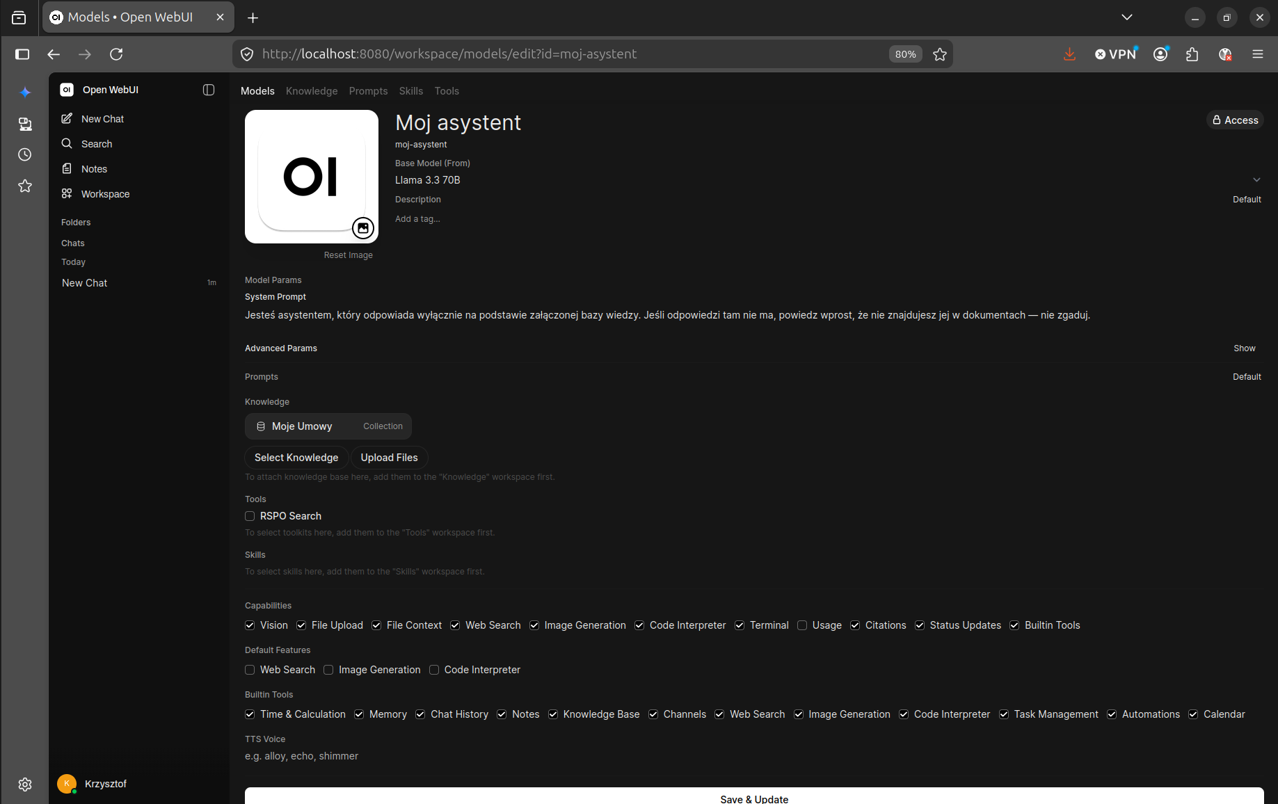 Edytor modelu: nazwa, system prompt i podpięta baza wiedzy